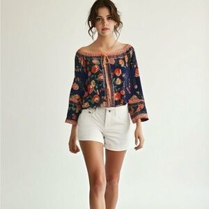 Umgee Floral Navy Off-Shoulder Top Size S